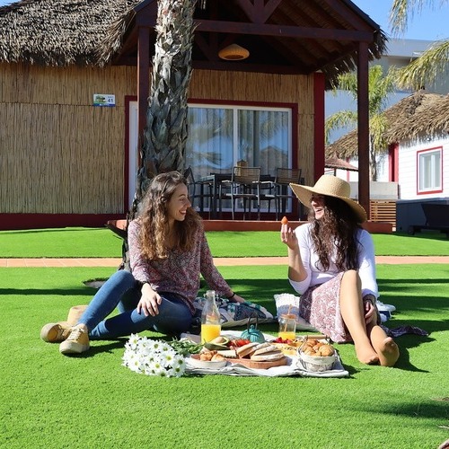 a couple having a picnic on an artificial turf lawn